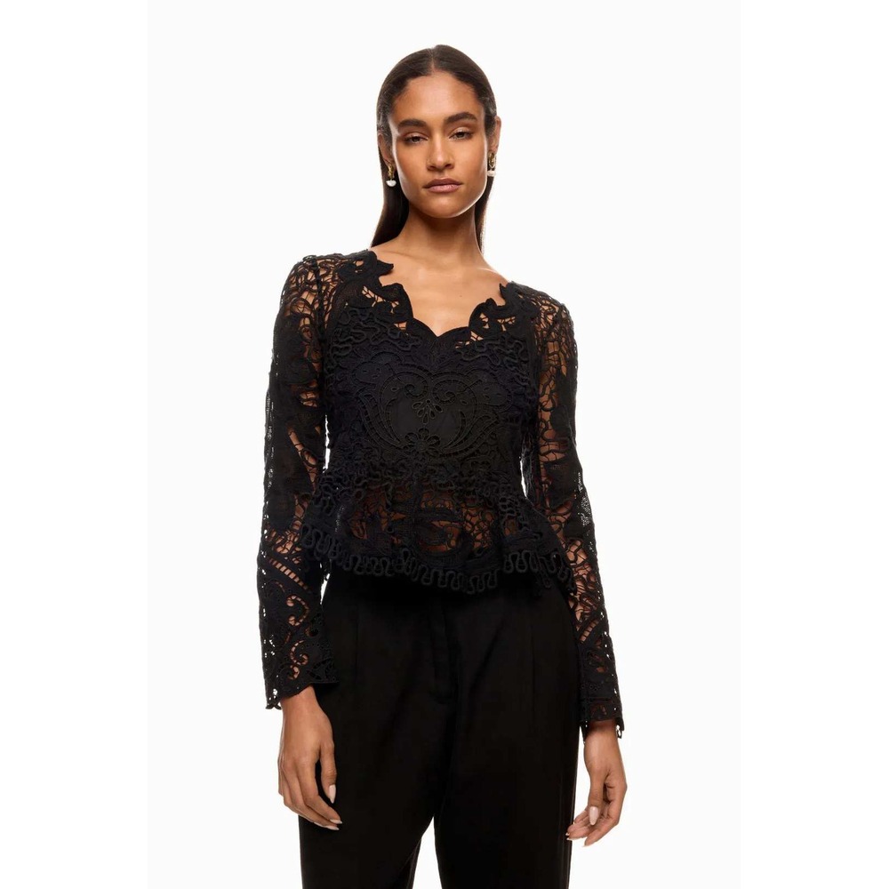 Sea New York Black Guipure Lace Long Sleeve Peplum Top Size 10 - Picture 1 of 7